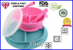 Baby Toddler Weaning Silicone Suction Plate Bowl with Lid & Matching Spoon Straw